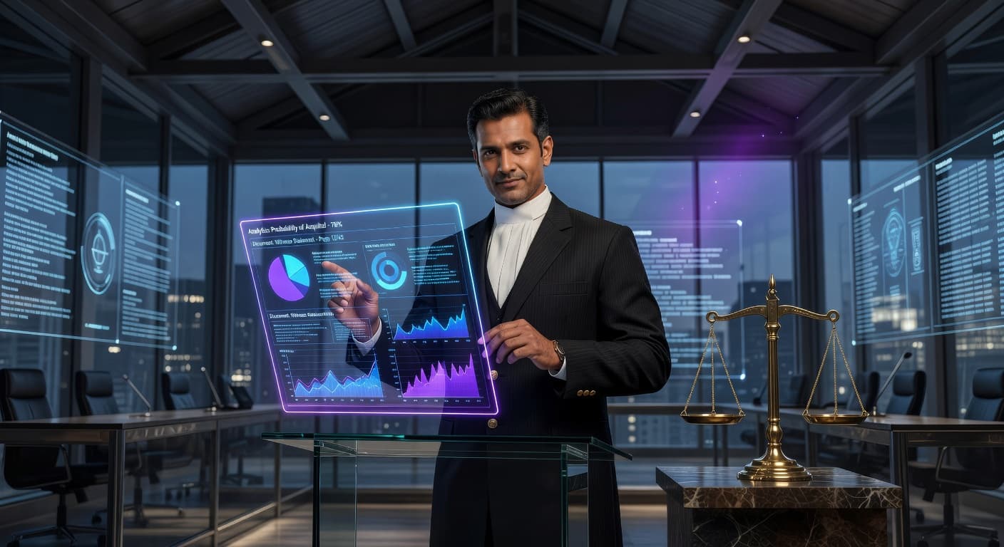 AI lawyer in futuristic courtroom